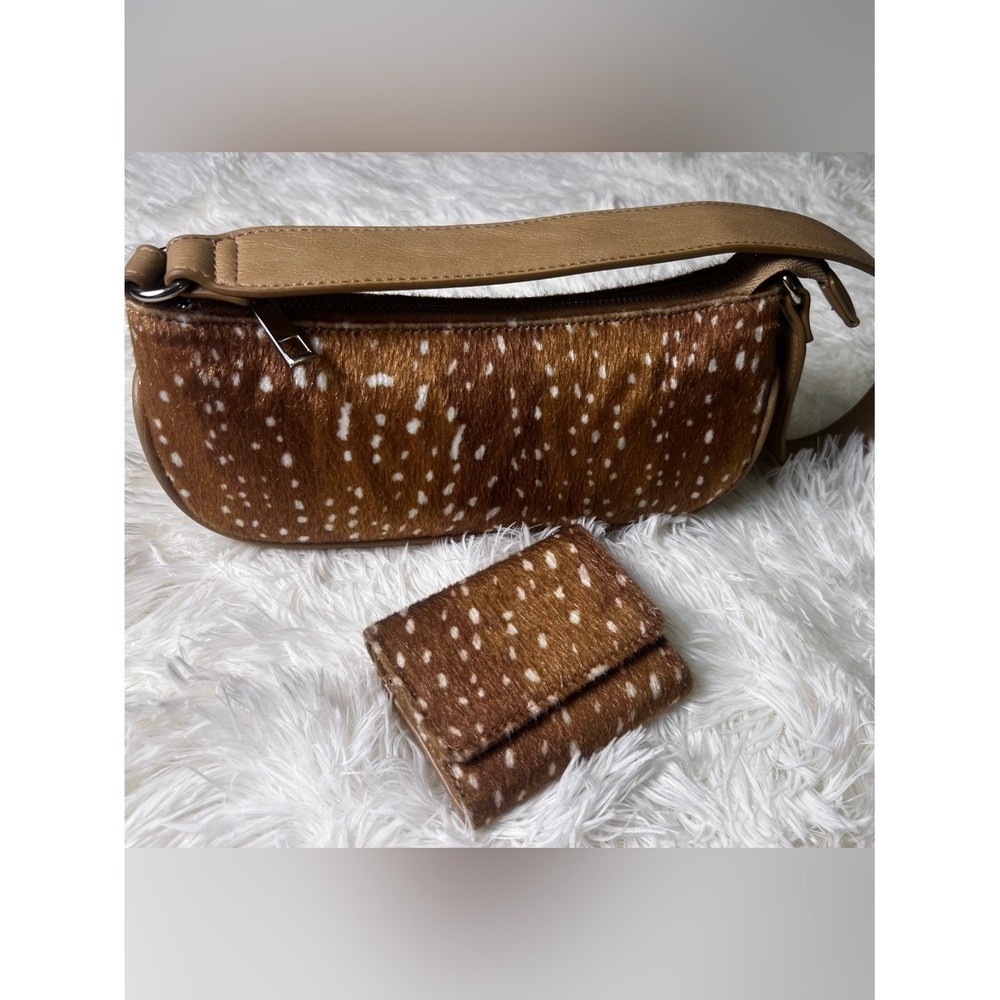 No Boundaries Brown and Tan Faux Deer-Print Shoulder Bag with Matching Wallet